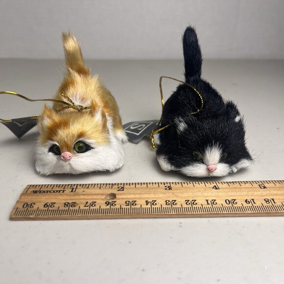 Cat Kitten Faux Fur Christmas Ornament Miniature Mini Glass Eyes Orange Black - Picture 13 of 15